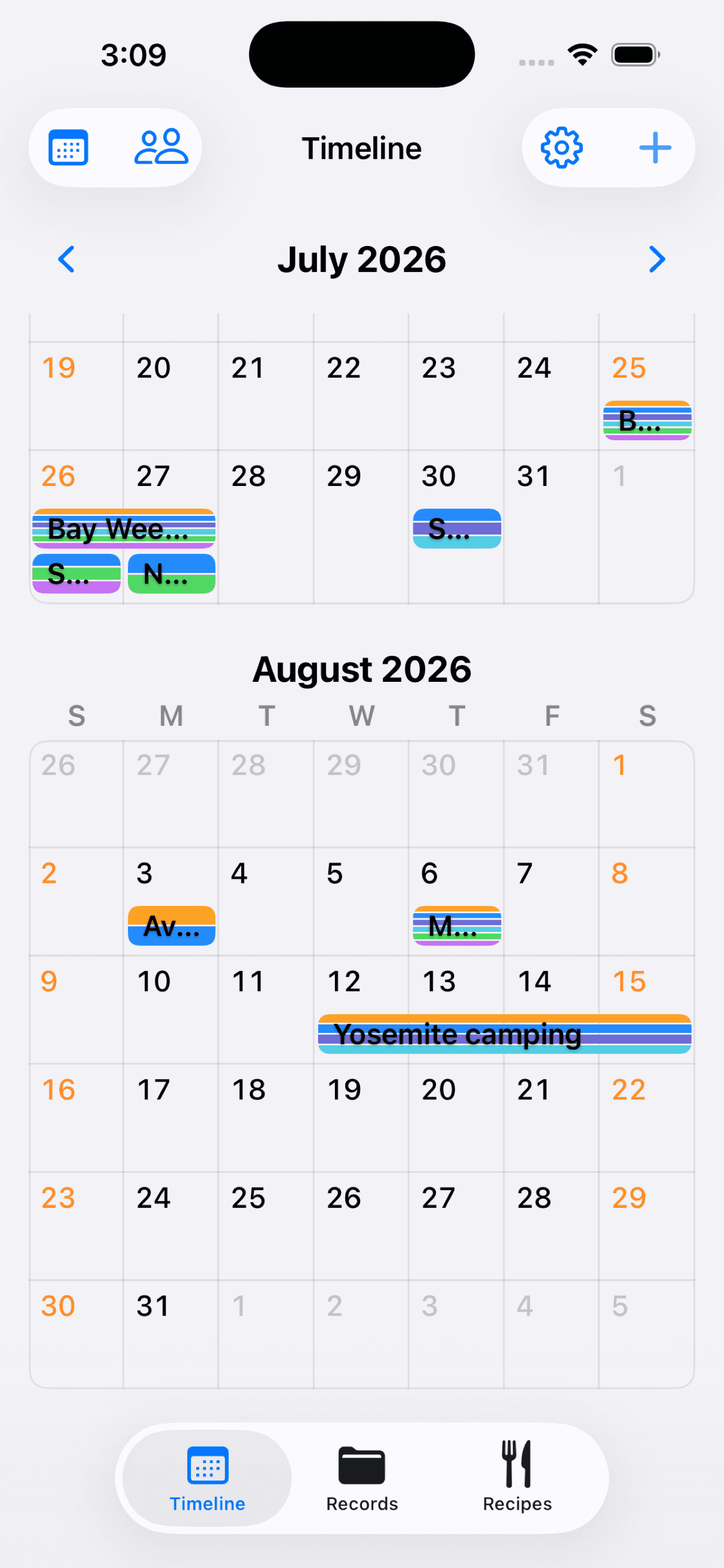 Family Bee calendar view of household events