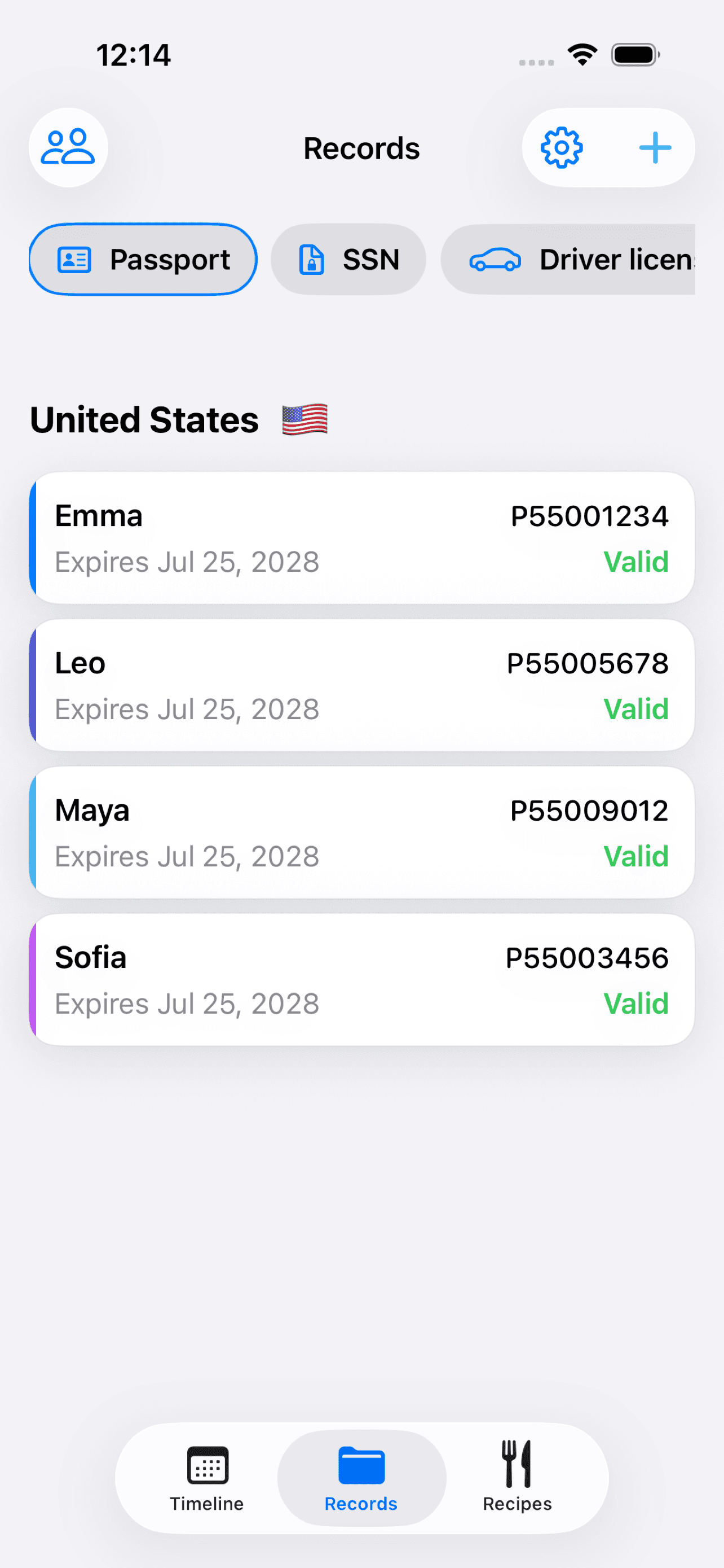 Family Bee records vault with family passports and expiry dates