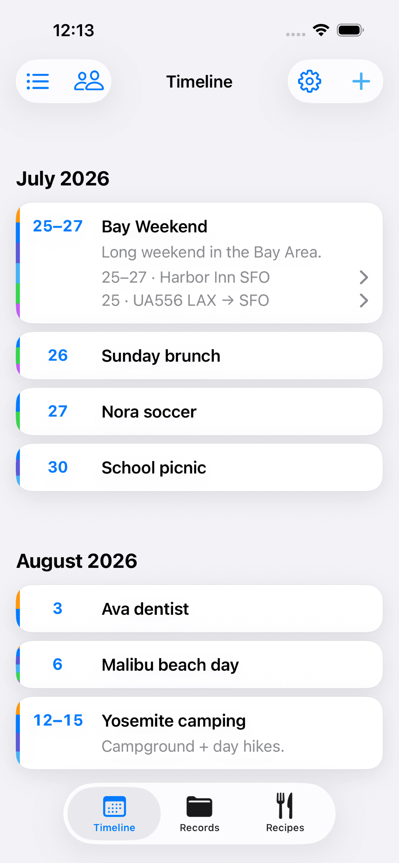 Family Bee timeline showing shared family trips and events